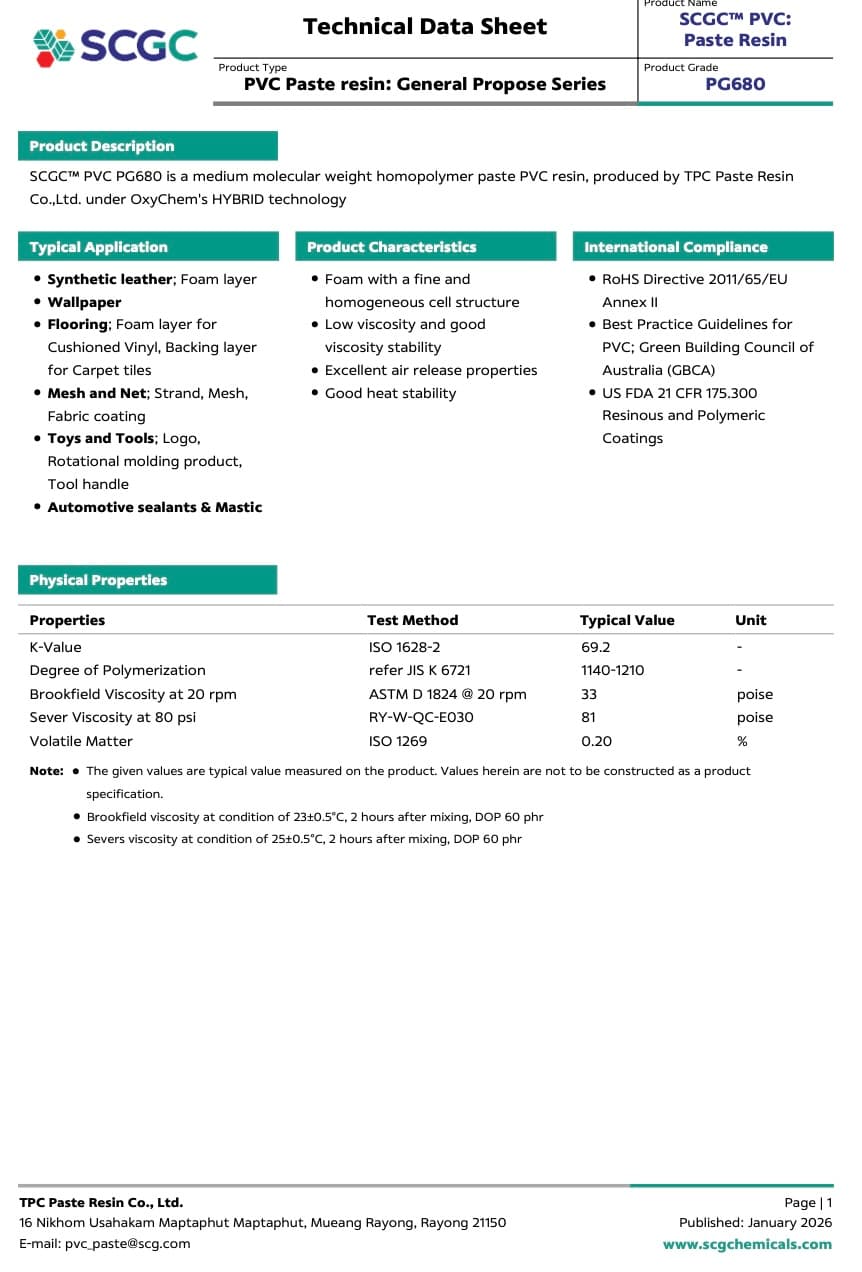 PVC Paste Resin, SCGC PG680, Medium molecular weight homopolymer paste resin,